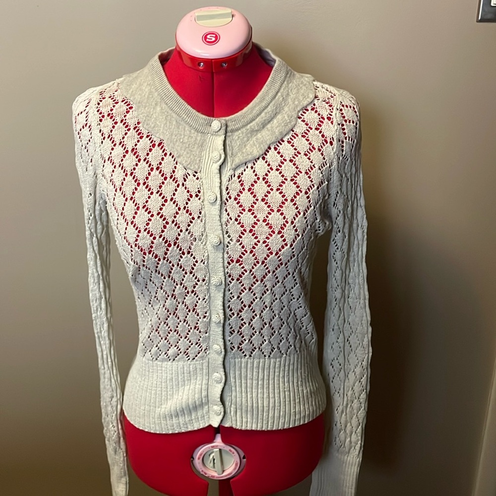 Vintage inspired knit cardigan with covered buttons and felted wool collar